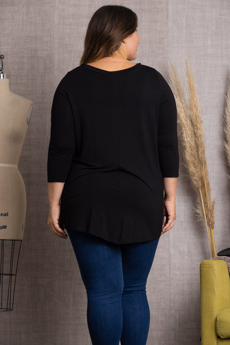 BLACK MULTI COLOR 3/4 SLEEVE PLUS SIZE TOP-4T2261-1