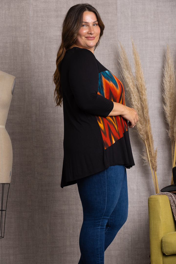 BLACK MULTI COLOR 3/4 SLEEVE PLUS SIZE TOP-4T2261-1