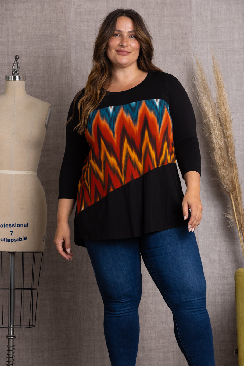 BLACK MULTI COLOR 3/4 SLEEVE PLUS SIZE TOP-4T2261-1