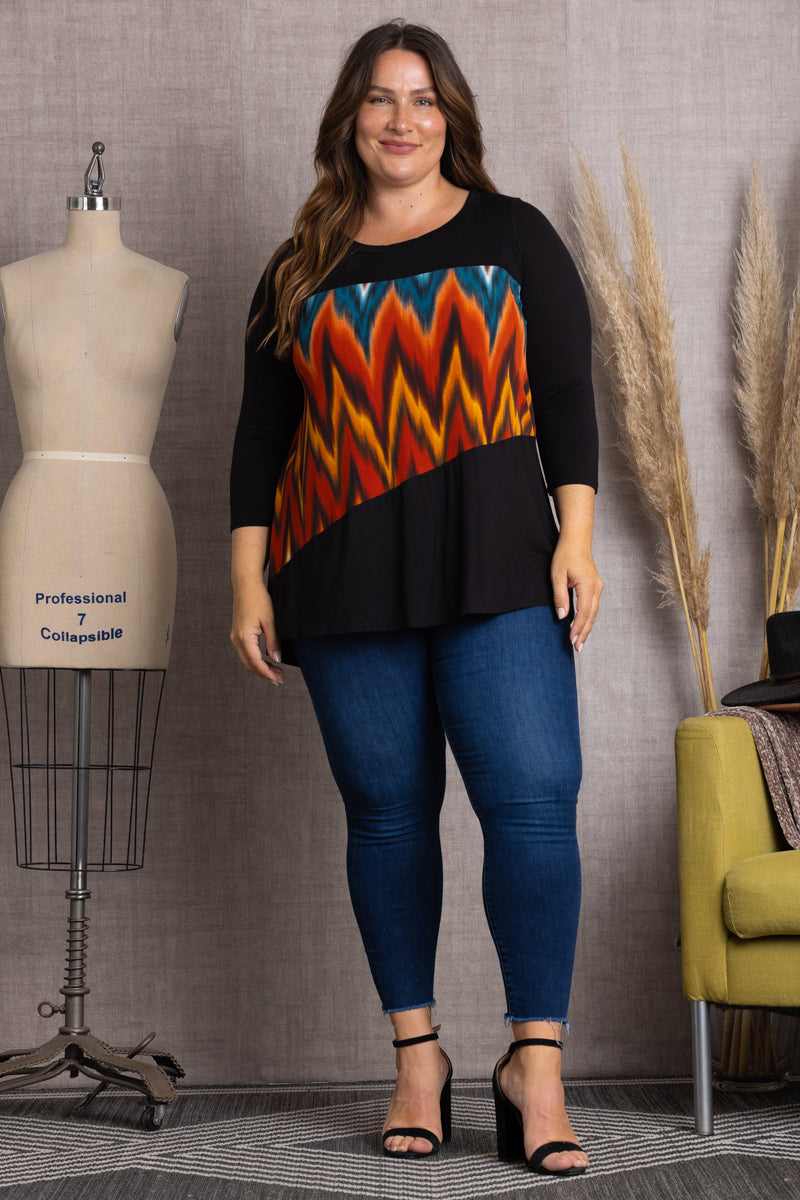 BLACK MULTI COLOR 3/4 SLEEVE PLUS SIZE TOP-4T2261-1