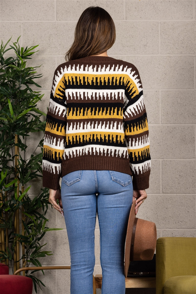 BROWN/MULTI PATTERN CABLE KNITTED SWEATER ILT1374