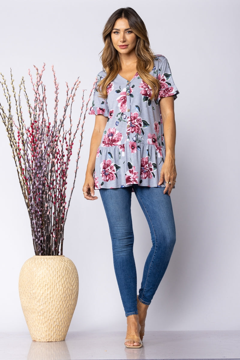 CHARCOAL WINE FLORAL PRINT BUTTON UP RUFFLE HEM KNIT TOP