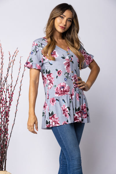 CHARCOAL WINE FLORAL PRINT BUTTON UP RUFFLE HEM KNIT TOP -T6221