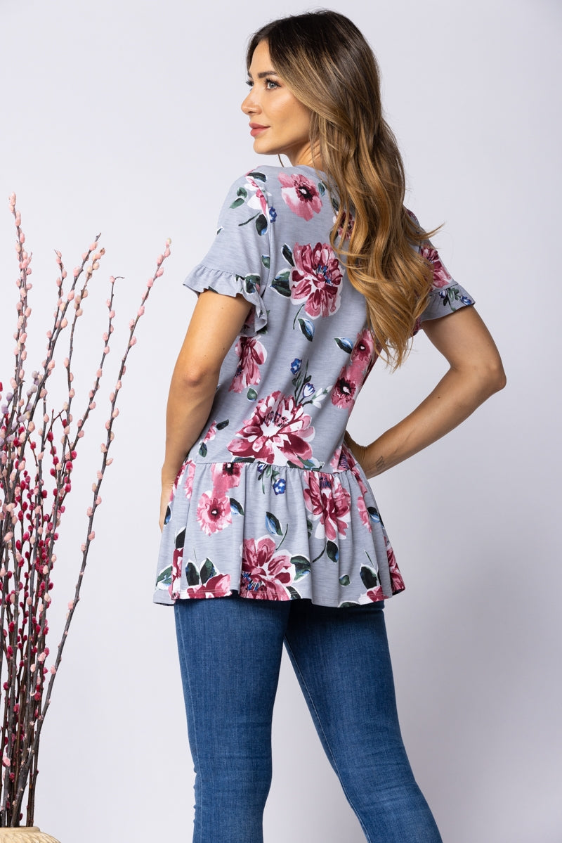 CHARCOAL WINE FLORAL PRINT BUTTON UP RUFFLE HEM KNIT TOP -T6221