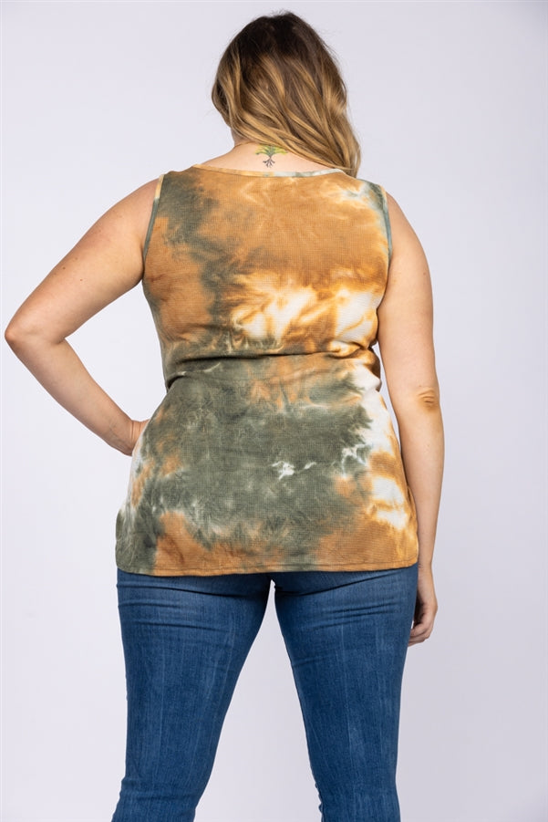 RUST TIE-DYE  CAMO, FLORAL LACE SLEEVELESS PLUS SIZE TOP