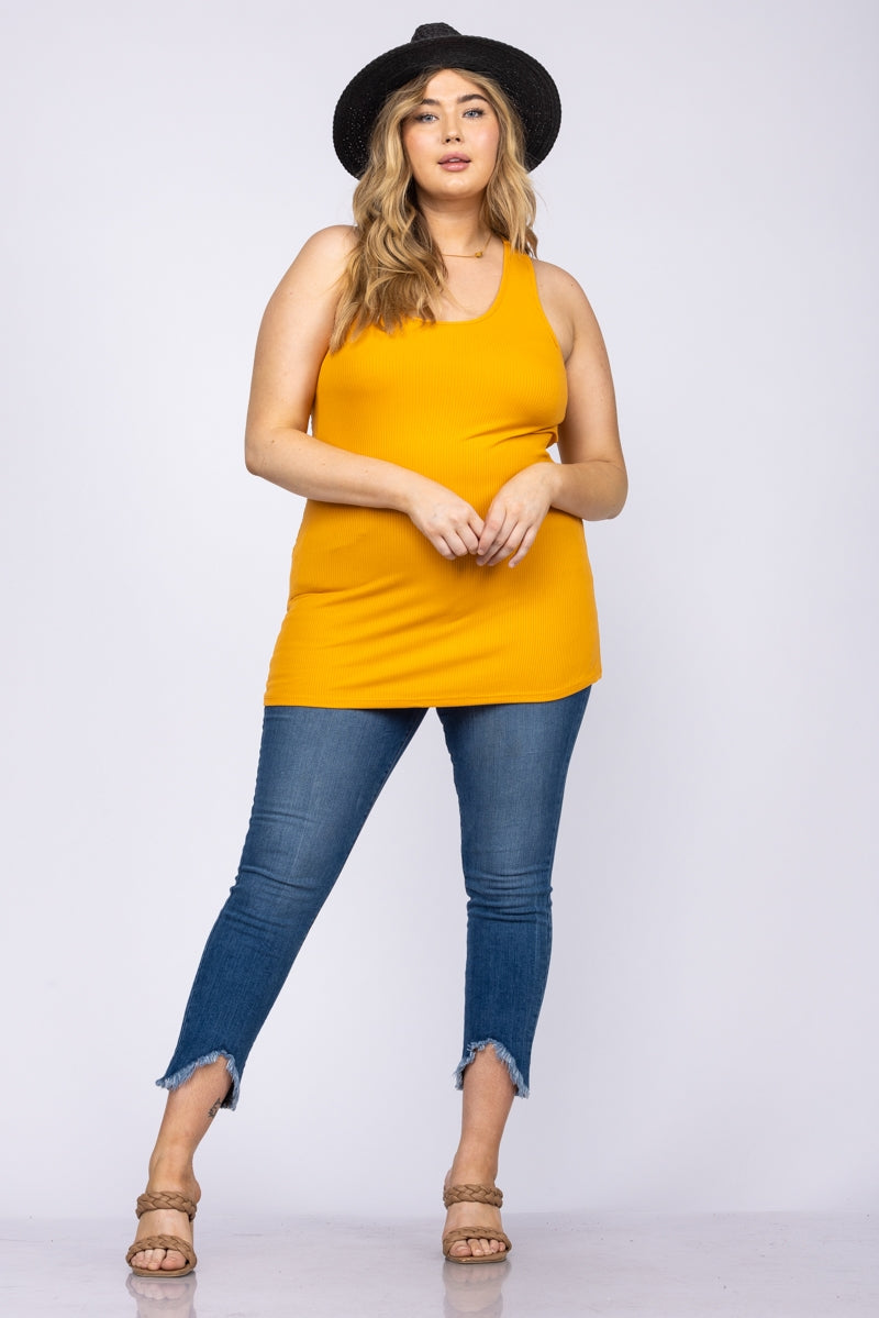 SPICY MUSTARD FLORAL LACE RACER BACK SLEVELESS PLUS SIZE TOP