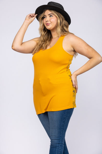 SPICY MUSTARD FLORAL LACE RACER BACK SLEVELESS PLUS SIZE TOP