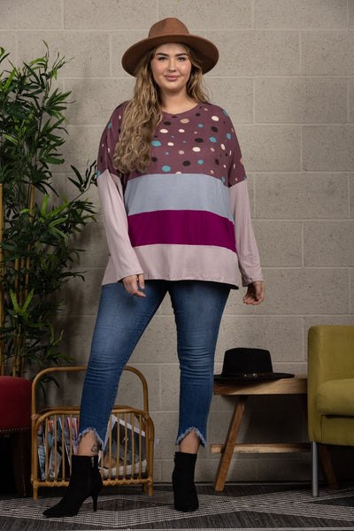 MULTICOLOR POLKADOT CONTRAST LONG SLEEVE PLUS SIZE TOP-CT33698