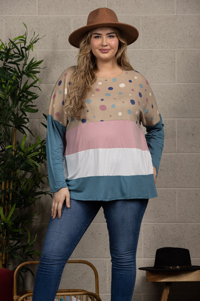MULTICOLOR POLKADOT CONTRAST LONG SLEEVE PLUS SIZE TOP-CT33698