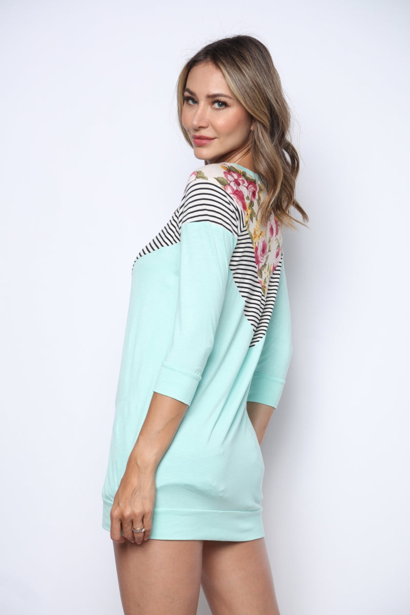 MINT STRIPED AND FLORAL CONTRAST DETAIL BANDED TUNIC TOP-T7491FL