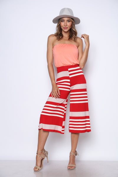 RED/WHITE VERTICAL STRIPES STRAPLESS JUMPSUIT