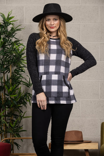 CHARCOAL PLAID W/ FRONT POCKET SWEATER